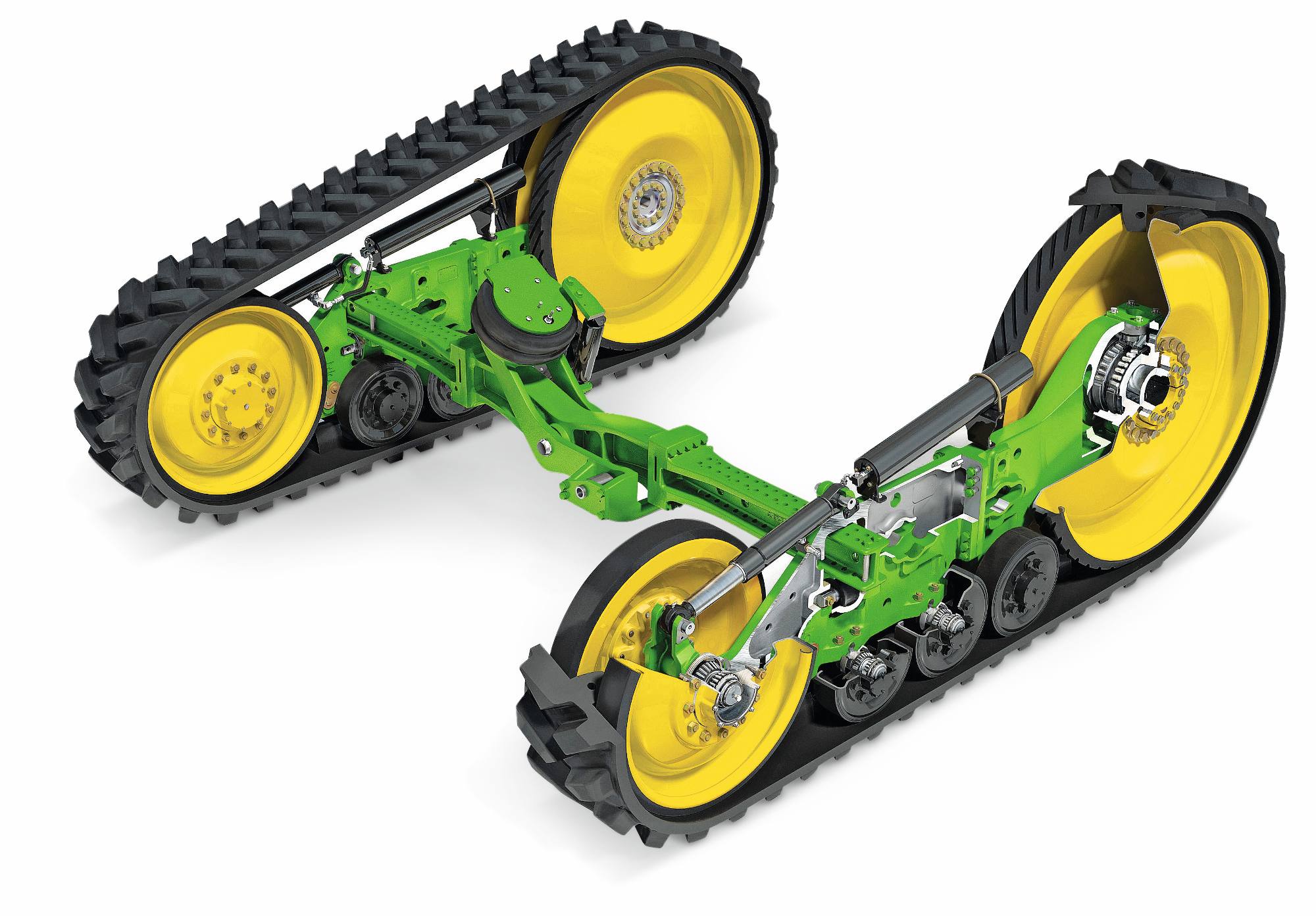 Ensembles de chenilles pour tracteurs John Deere, comprenant des chenilles en caoutchouc, des bras de suspension et des roues motrices jaunes, photographiés sur un fond blanc en studio.