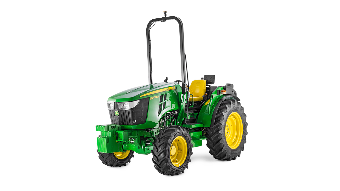 Tracteur John Deere 5075EN vert et jaune, vue avant mettant en valeur son design compact et ses pneus robustes.