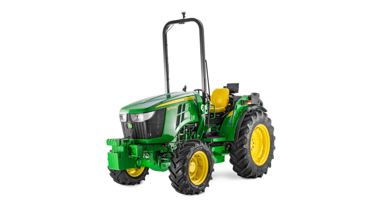 Tracteur John Deere 5075EN vert et jaune, vue avant mettant en valeur son design compact et ses pneus robustes.