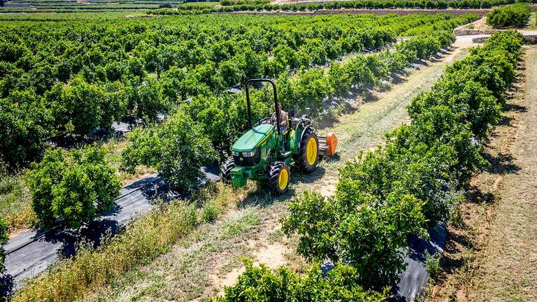 Tracteur John Deere 5075EN travaillant entre des rangées d’arbres fruitiers verdoyants dans un champ agricole ensoleillé.
