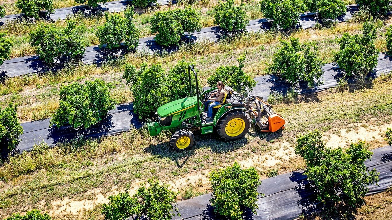 Tracteur John Deere 5075EN vert et jaune cultivant le sol entre les rangs d’arbres fruitiers d’un verger.